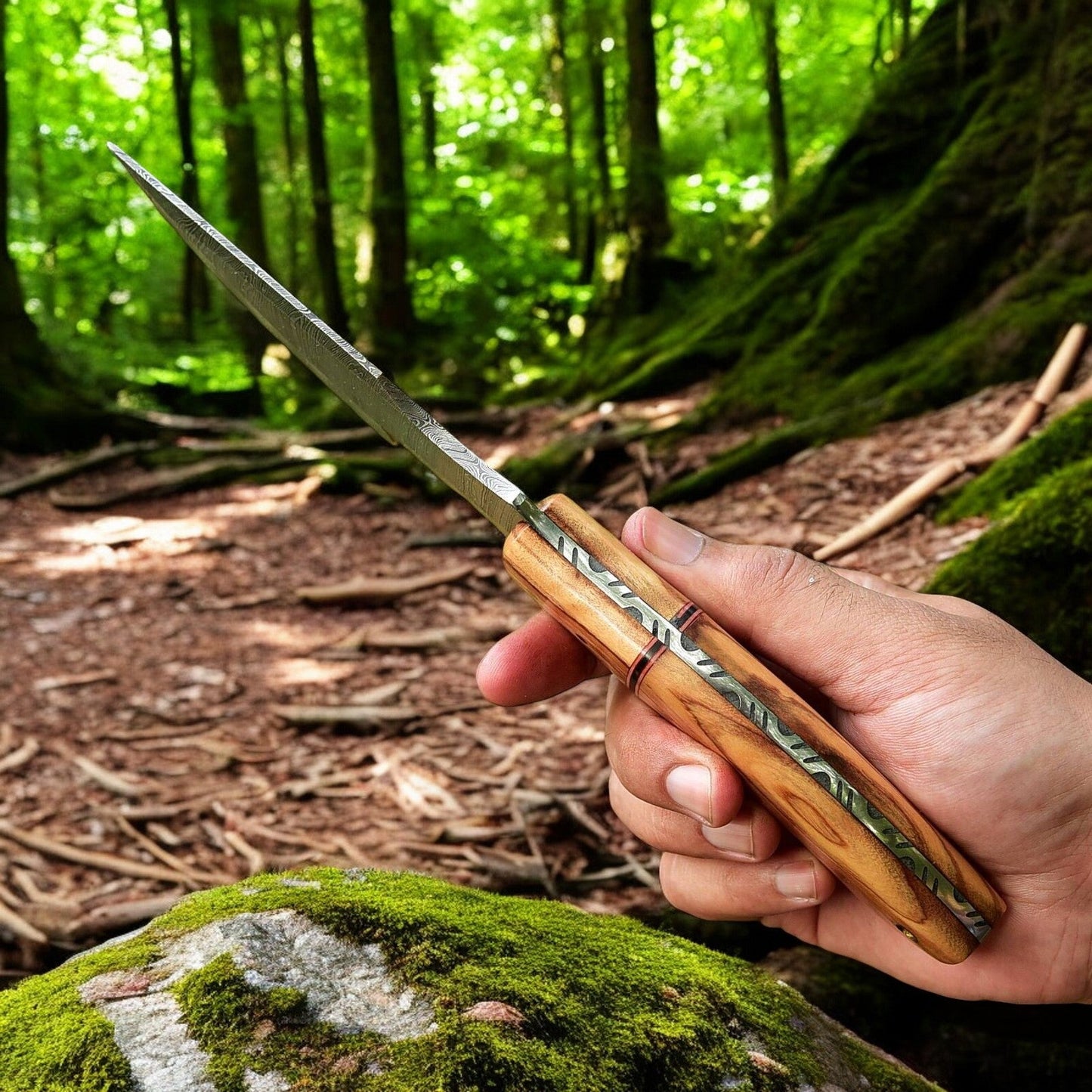 Handmade Tom Brown Tracker Knife with Damascus Steel Blade & Olivewood Handle – 10" Overall Length