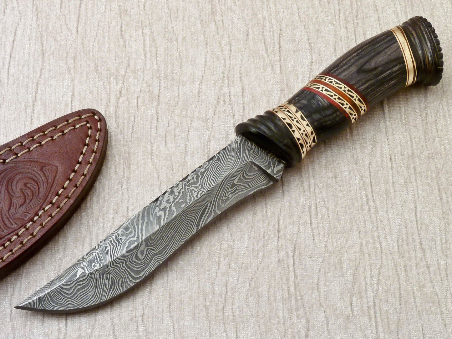 Custom Handmade Damascus Hunting Knife with Leather Sheath