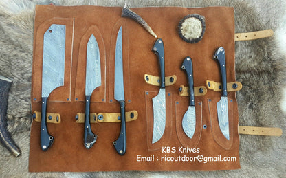 Custom Damascus Steel Hunting Knives Set – Buffalo Horn Handles
