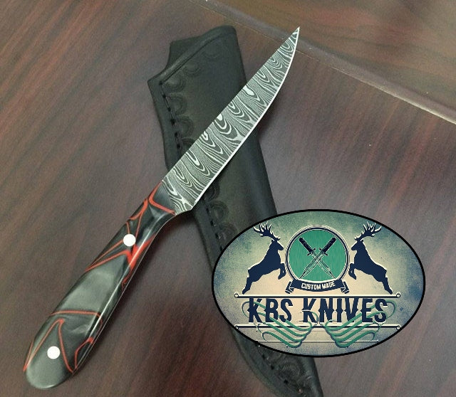 Epoxy Resin Handmade Damascus Steel Fillet-Boning Knife with Leather Sheath by KBS Knives Store