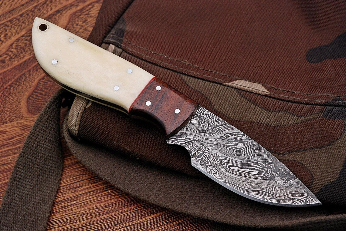 Custom Handmade Damascus Steel Deer Skinning Knife with Rosewood & Bone Handle, 8-inch