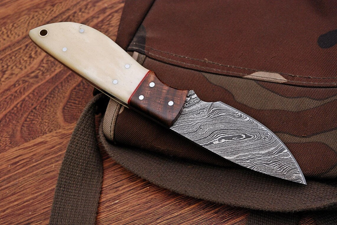 Custom Handmade Damascus Steel Deer Skinning Knife with Rosewood & Bone Handle, 8-inch