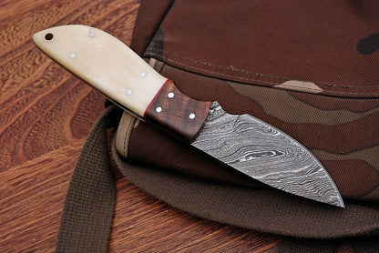Custom Handmade Damascus Steel Deer Skinning Knife with Rosewood & Bone Handle, 8-inch
