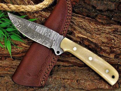 Custom Handmade Damascus Great Skinning Knife with Bone Handle, 8.25-inch