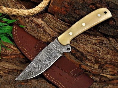 Custom Handmade Damascus Great Skinning Knife with Bone Handle, 8.25-inch