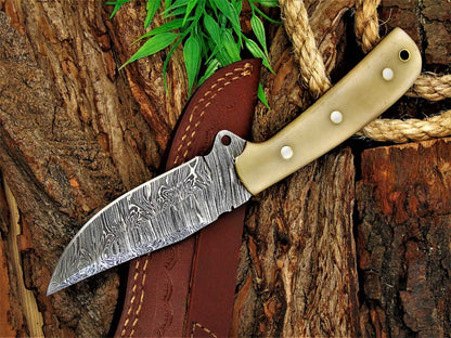 Custom Handmade Damascus Great Skinning Knife with Bone Handle, 8.25-inch