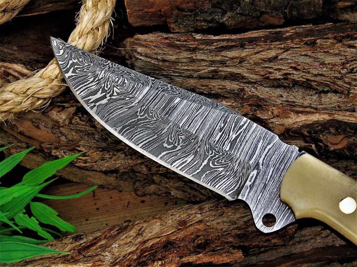 Custom Handmade Damascus Great Skinning Knife with Bone Handle, 8.25-inch