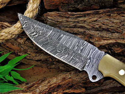 Custom Handmade Damascus Great Skinning Knife with Bone Handle, 8.25-inch