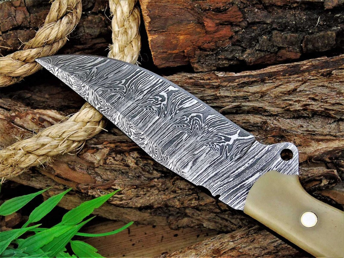 Custom Handmade Damascus Great Skinning Knife with Bone Handle, 8.25-inch