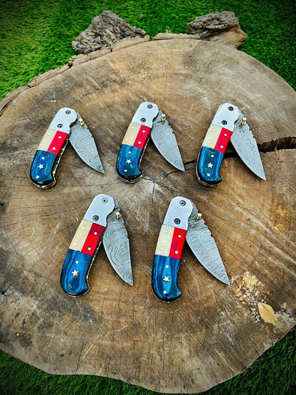 "Custom Handmade Texas Flag Damascus Steel Folding Pocket Knife | Exotic Wood-Bone Texas Flag Handle | 3.1 Inch Blade | Leather Sheath | KBS Knives Store"