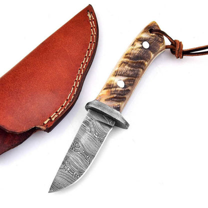 Custom Handmade Damascus Skinning Knife with Sheep Horn Handle, 7.75-inch