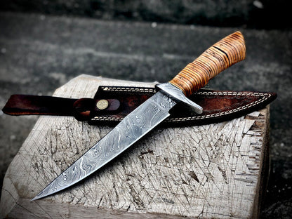 "Custom Handmade Damascus Steel Hunting Bowie Knife | Stacked Leather-Damascus Guard Handle | 12 Inches | Leather Sheath | KBS Knives Store"
