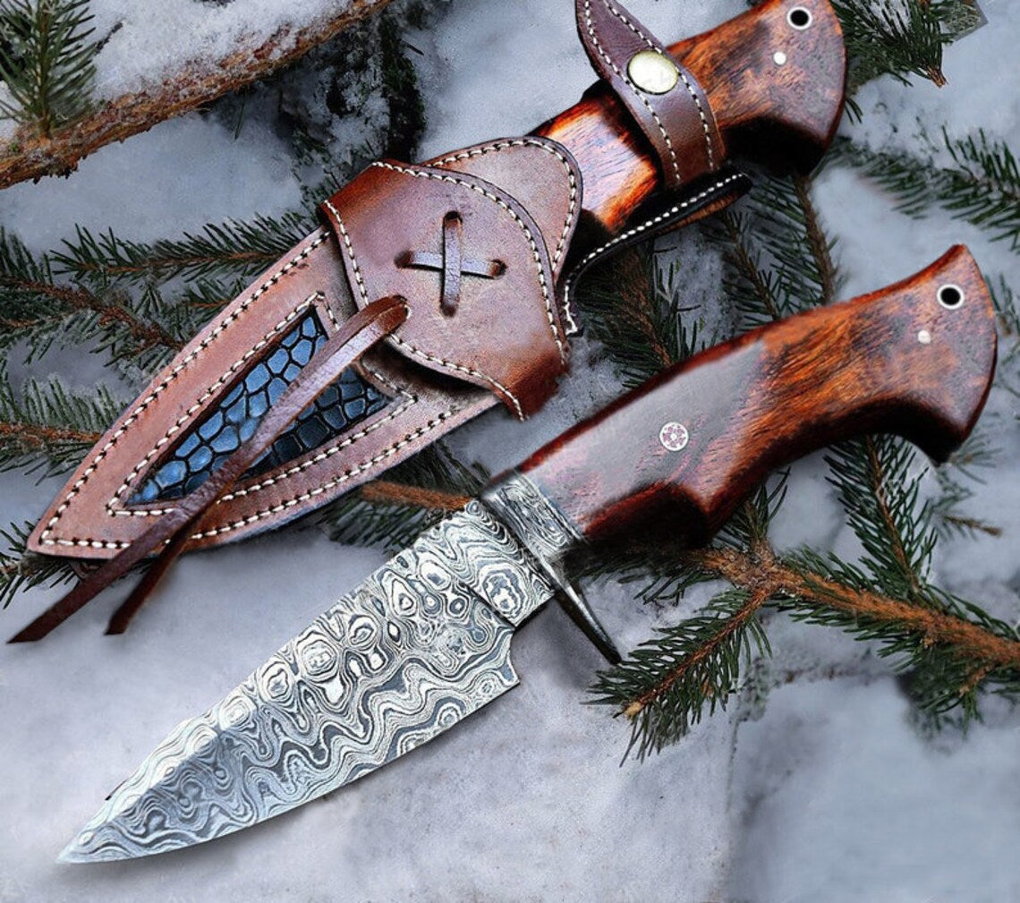 "Custom Handmade Damascus Steel Hunting Camping Knife | Rosewood-Damascus Guard Handle | 9.5 Inches | Leather Sheath | KBS Knives Store"