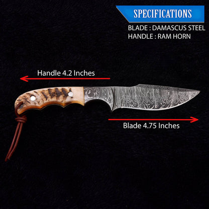 Custom Handmade Damascus Skinning Knife with Sheep Horn Handle, 9-inch