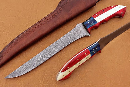 Handmade Damascus Steel Fillet-Boning Knife with Texas Flag Red-Blue Exotic Wood and Bone Handle - 13 Inch Overall Length