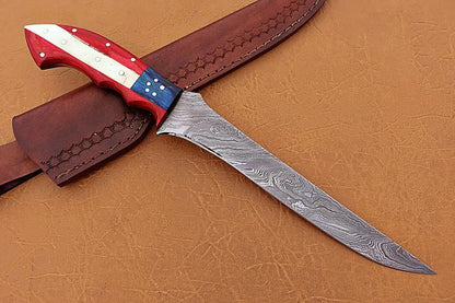 Handmade Damascus Steel Fillet-Boning Knife with Texas Flag Red-Blue Exotic Wood and Bone Handle - 13 Inch Overall Length
