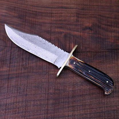 Western Bowie Knife – Handmade 15-Inch Damascus Steel with Bone Handle