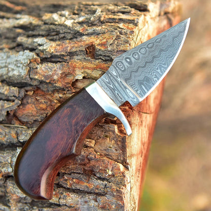 "Custom Handmade Damascus Steel EDC Skinning Knife | Rosewood Handle | 7 Inches | Leather Sheath | KBS Knives Store"