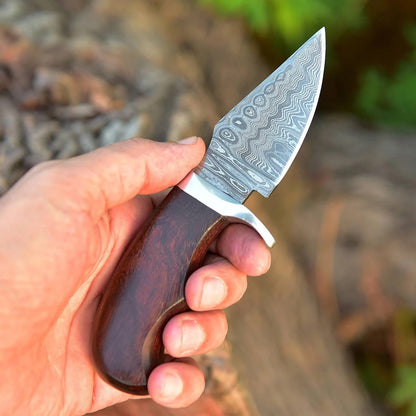 "Custom Handmade Damascus Steel EDC Skinning Knife | Rosewood Handle | 7 Inches | Leather Sheath | KBS Knives Store"