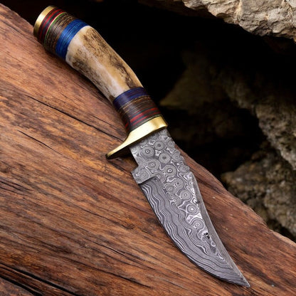 Best Deer Skinning Knife – 8" Full Tang Raindrops Damascus Steel with Antler Horn