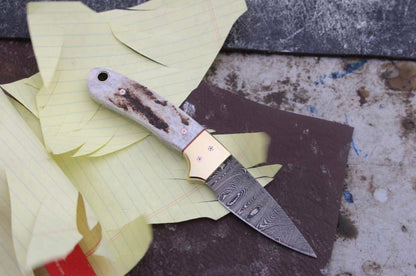 Custom Handmade California Coyote Cowboy Knife | Damascus Blade | Antler Horn-Brass Bolster Handle | 6.25 Inches | Leather Sheath | KBS Knives Store