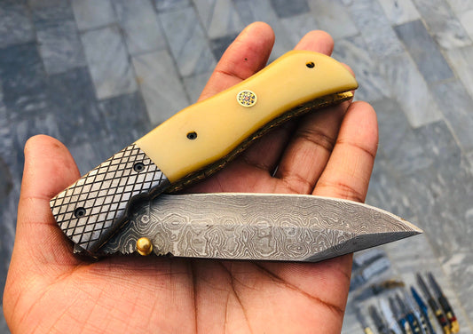 Custom Handmade Damascus Steel Folding Pocket Knife with Bone Handle and Leather Case - 3.3" Blade by KBS Knives Store
