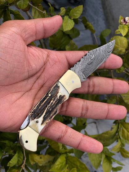 Custom Handmade Damascus Steel Folding Pocket Knife with Antler Horn and Brass Bolsters Handle and Leather Case - For Sale by KBS Knives Store