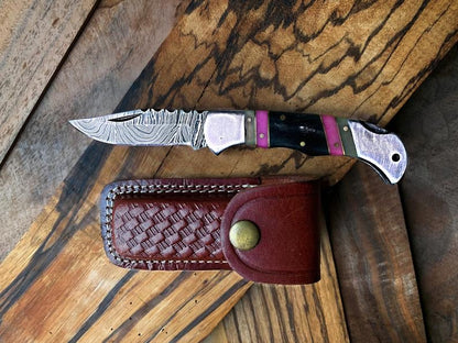 Best Folding Pocket Knife with Buffalo Horn and Color Wood Spacers Handle, 3 Inches Blade Length and Leather Case - For Sale by KBS Knives Store.