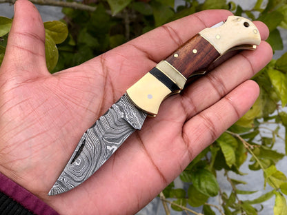 Custom Handmade Damascus Steel Small Folding Pocket Knife with Bone, Rosewood, and Brass Bolsters Handle