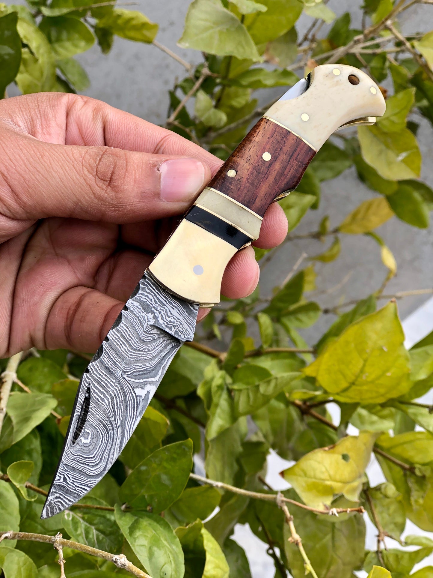 Custom Handmade Damascus Steel Small Folding Pocket Knife with Bone, Rosewood, and Brass Bolsters Handle