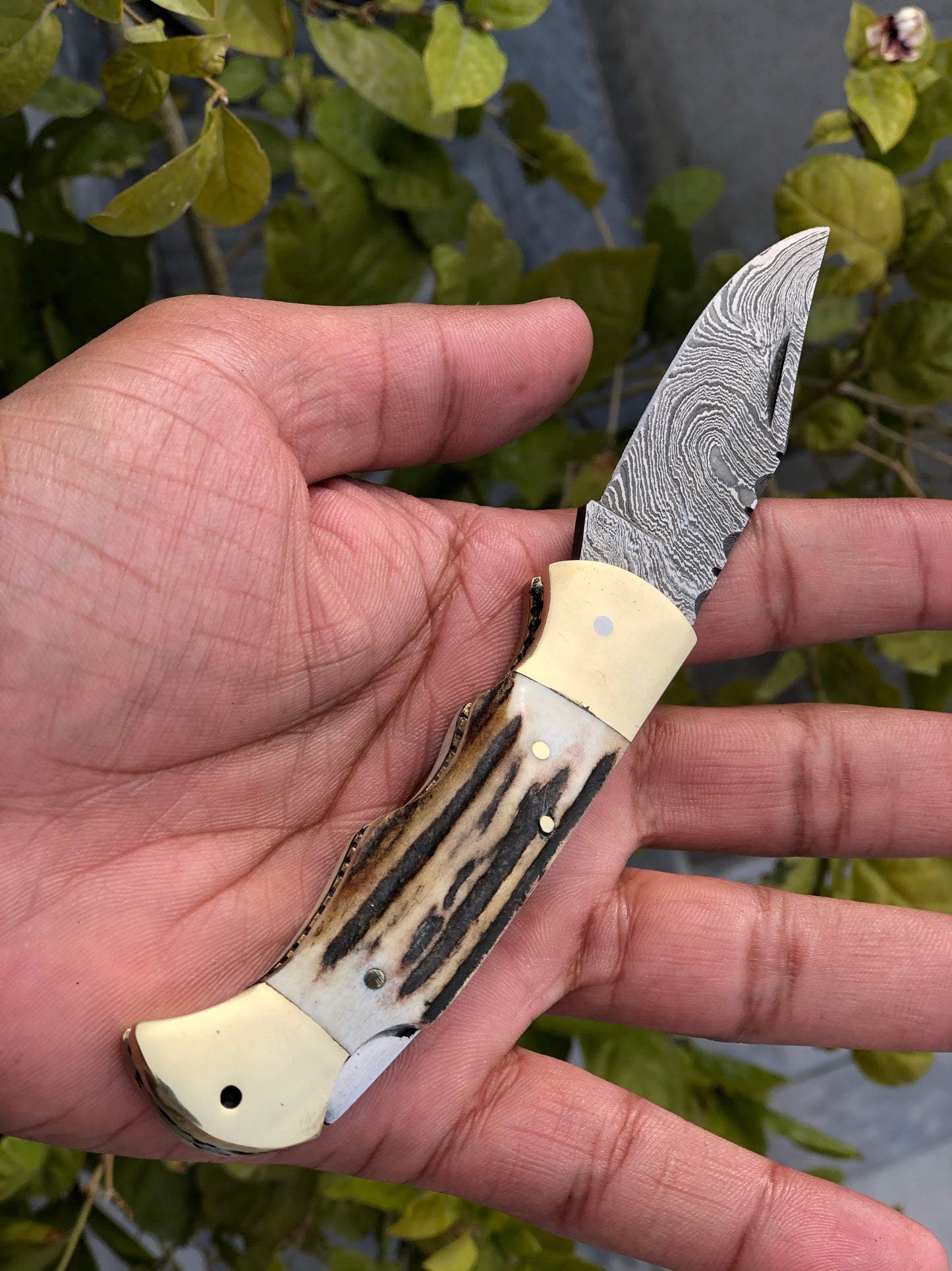 Custom Handmade Damascus Steel Folding Pocket Knife with Antler Horn and Brass Bolsters Handle and Leather Case - For Sale by KBS Knives Store