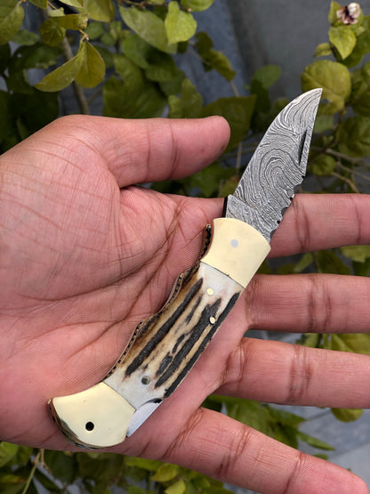 Custom Handmade Damascus Steel Folding Pocket Knife with Antler Horn and Brass Bolsters Handle and Leather Case - For Sale by KBS Knives Store