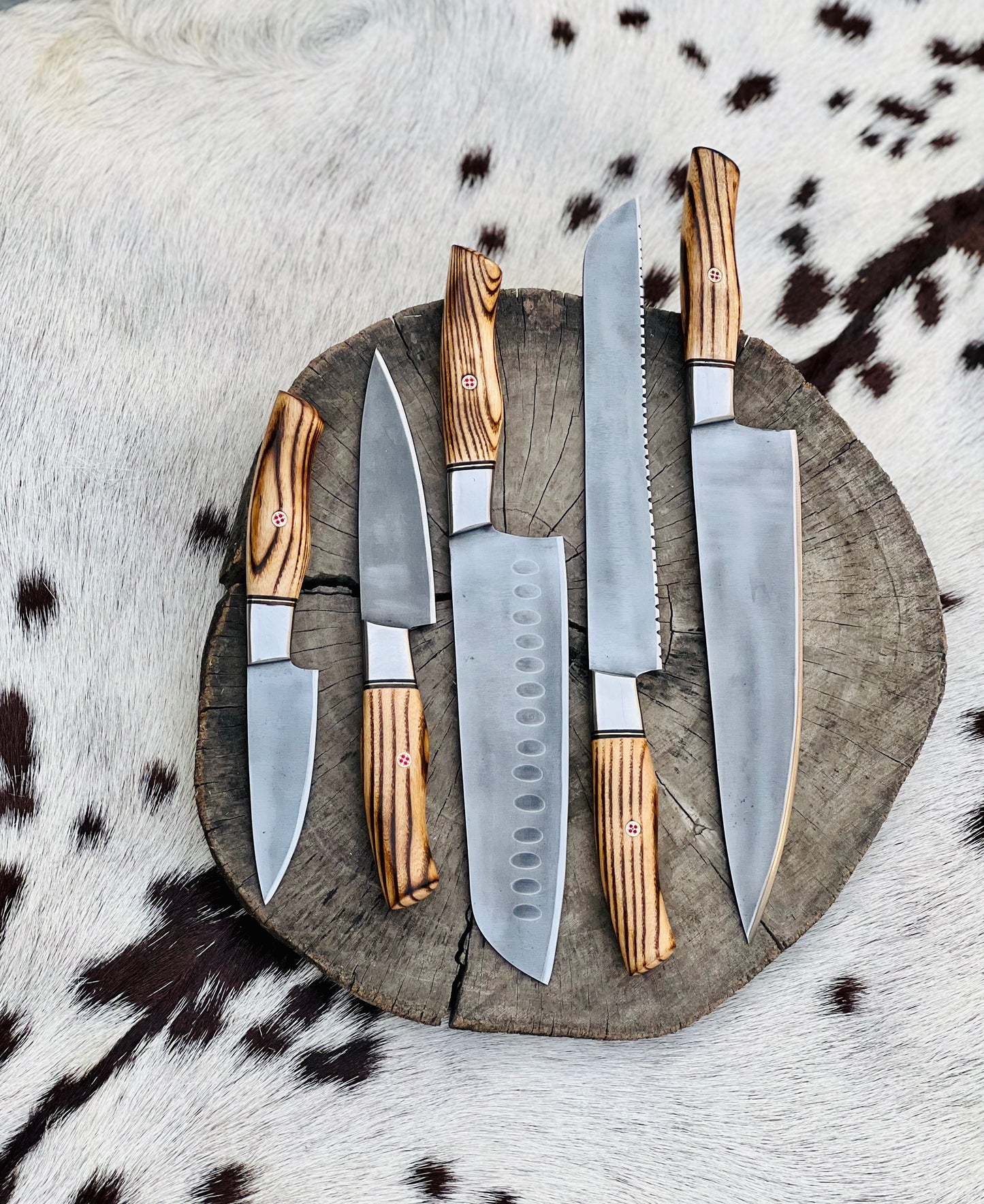 5 Piece Custom Handmade Acid Washed Stainless Steel Kitchen Knives Set with Leather Roll and Burly Wenge Wood Handles" by KBS Knives Store