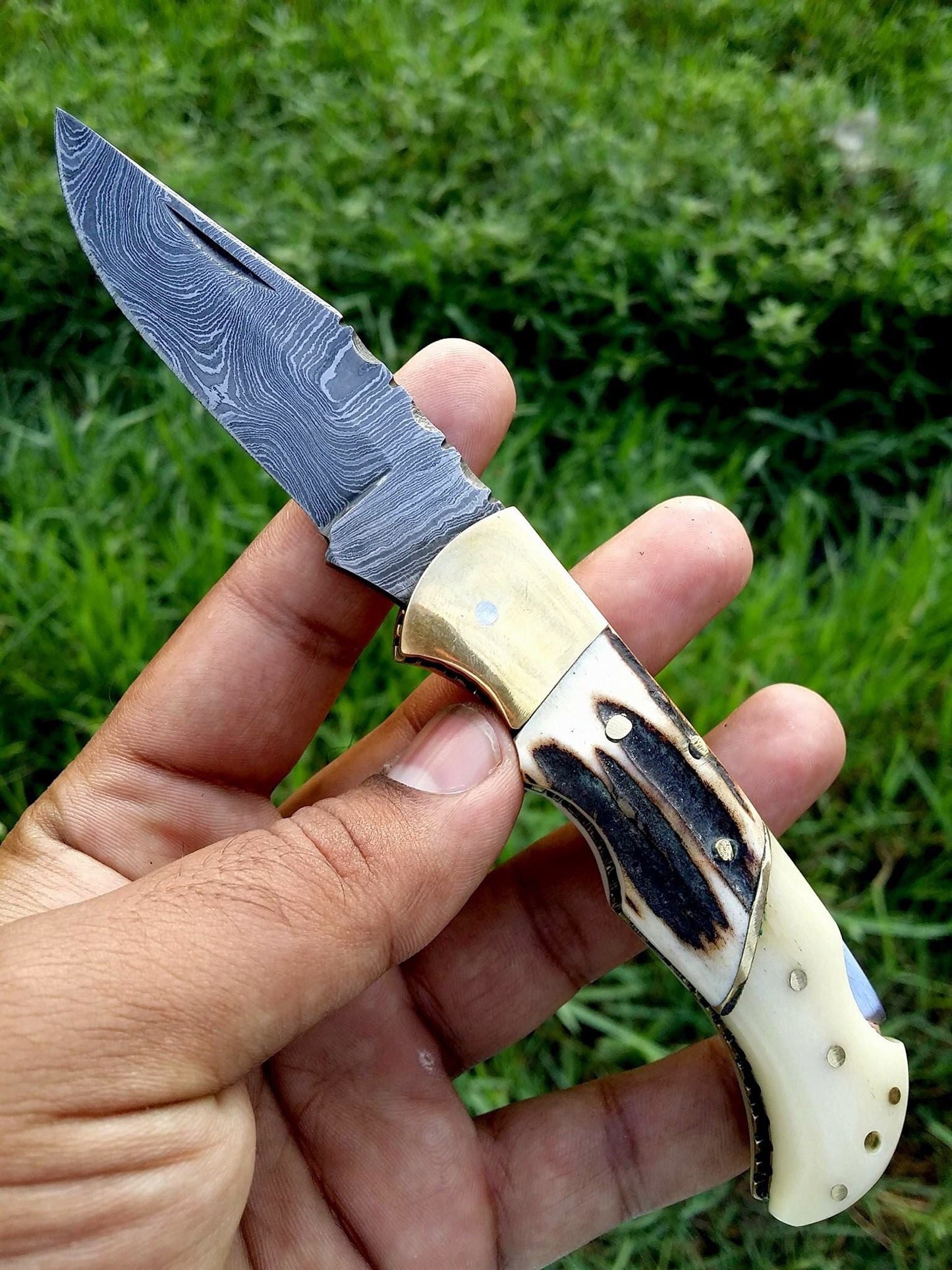 Custom Handmade Damascus Steel Folding Pocket Knife with Antler Horn, Bone, and Brass Bolster Handle and Leather Case