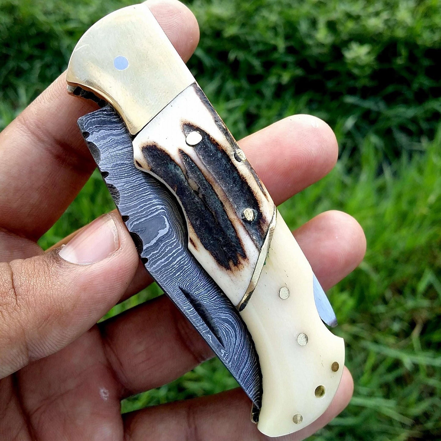 Custom Handmade Damascus Steel Folding Pocket Knife with Antler Horn, Bone, and Brass Bolster Handle and Leather Case