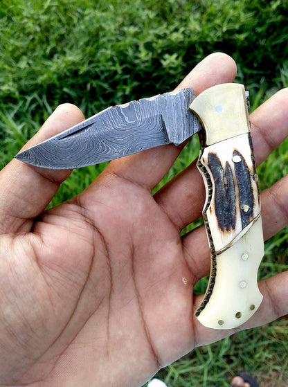 Custom Handmade Damascus Steel Folding Pocket Knife with Antler Horn, Bone, and Brass Bolster Handle and Leather Case