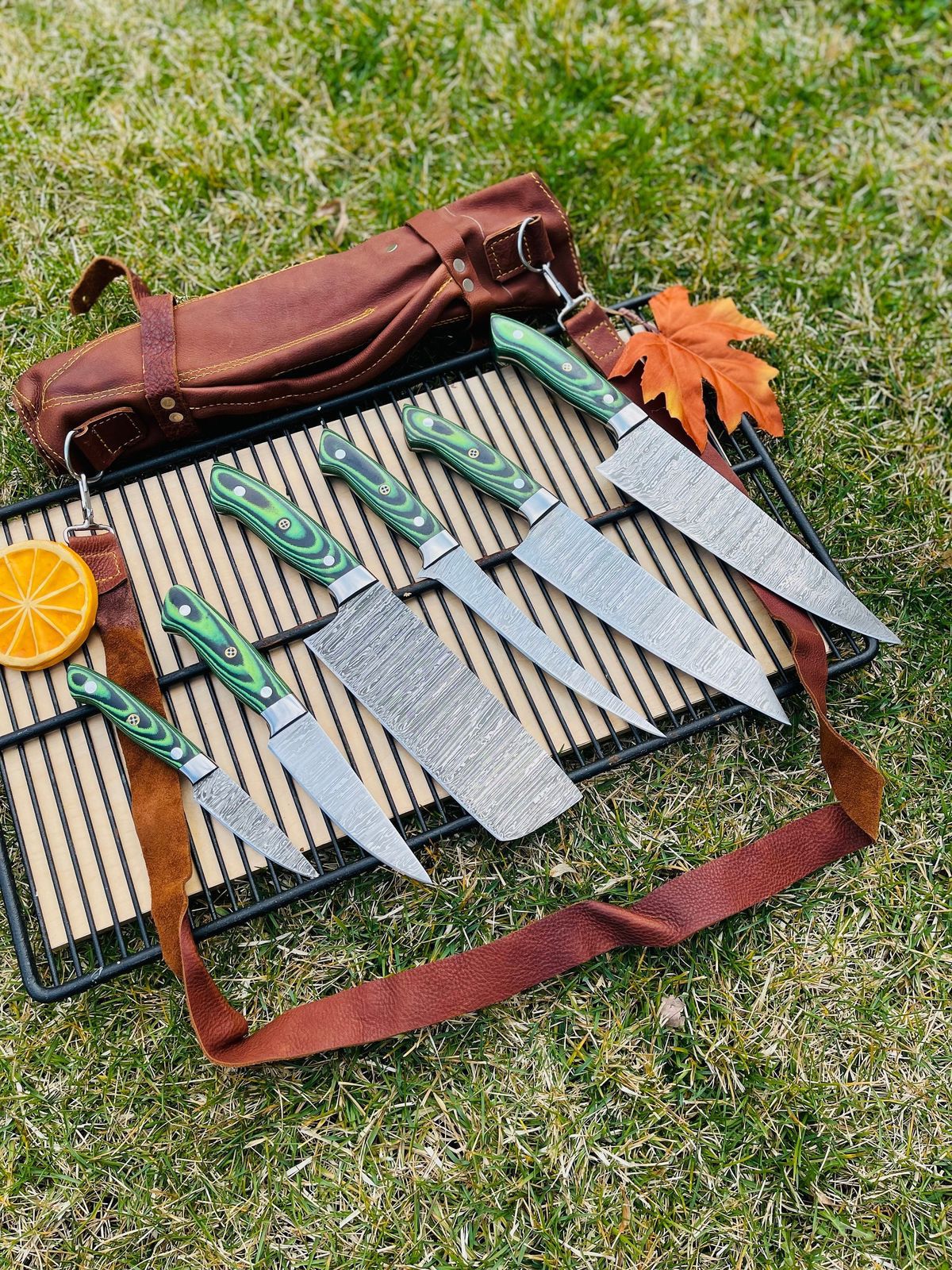 Custom Handmade Damascus Kitchen Knife Set – 6-Piece with G10 Handles