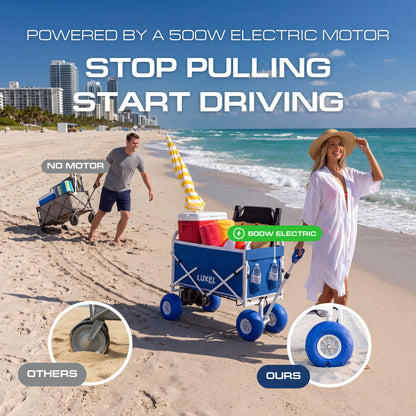 Electric Beach Wagon 500W – Motorized Folding Cart with Balloon Wheels Blue