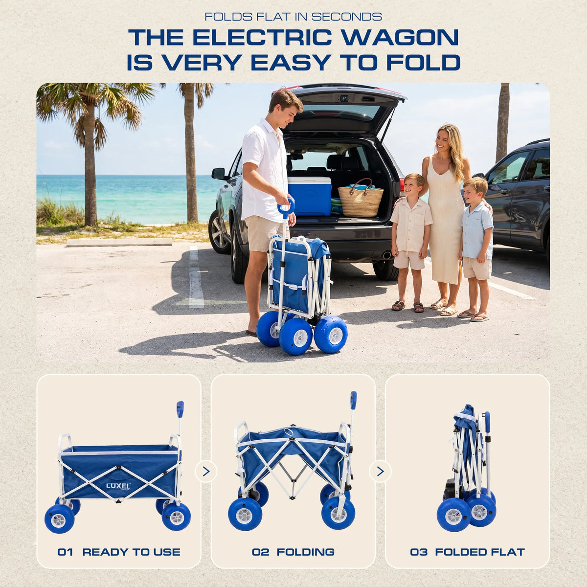 Electric Beach Wagon 500W – Motorized Folding Cart with Balloon Wheels Blue