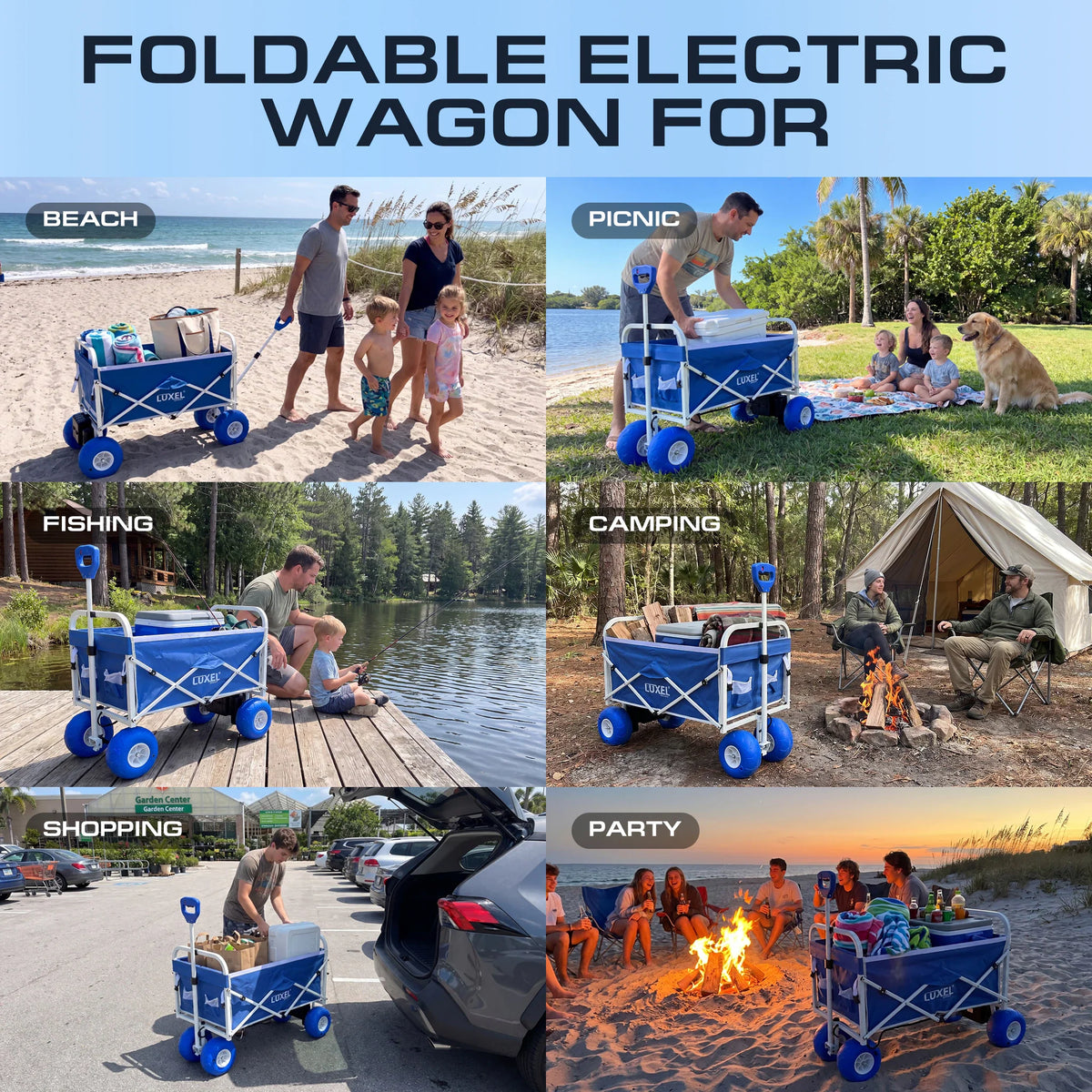 Electric Beach Wagon 500W – Motorized Folding Cart with Balloon Wheels Blue