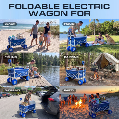 Electric Beach Wagon 500W – Motorized Folding Cart with Balloon Wheels Blue