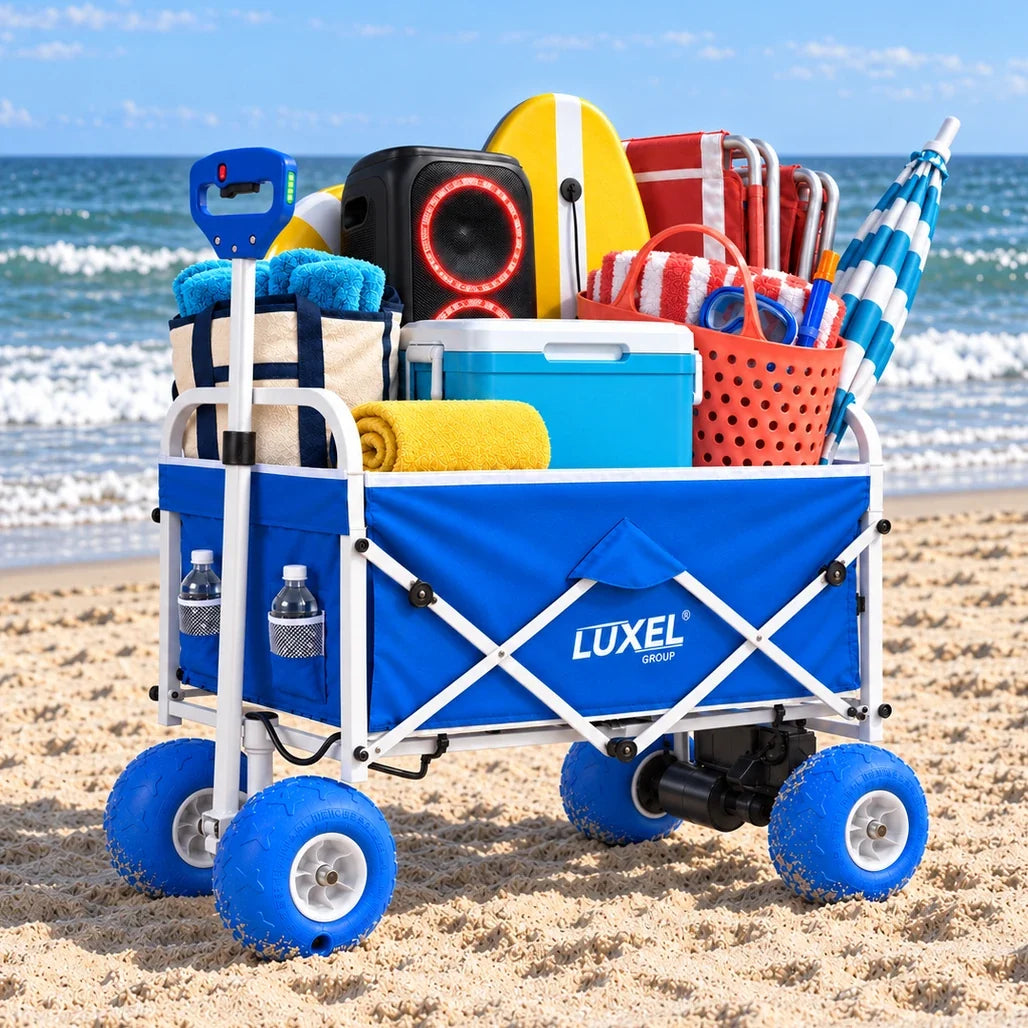 Electric Beach Wagon 500W – Motorized Folding Cart with Balloon Wheels Blue