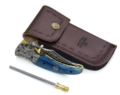 Nebula Damascus Pocket Knife with Bone Handle