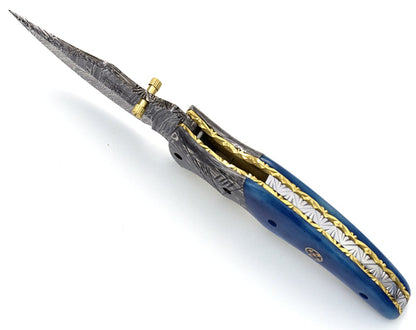 Nebula Damascus Pocket Knife with Bone Handle