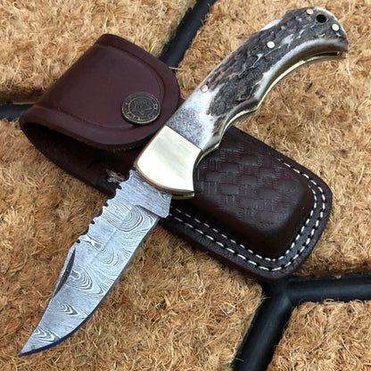 Utility Folding Pocket Knife | Antler Horn Handle with Brass Bolster | 3-Inch Blade | Leather Case | KBS Knives Store