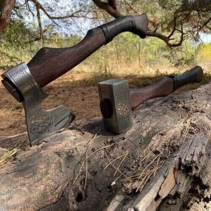 Battle Axe Set: Tomahawk and Hammer with Custom Handmade Forged Engraved 1095 Steel Blade – Warrior's Duo