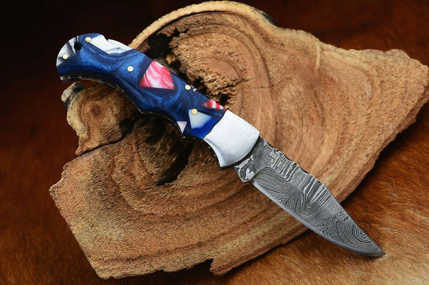 Damascus Handmade Custom Folding Pocket Knife with Epoxy Resin and Steel Bolster Handle, 3-inch Blade Length