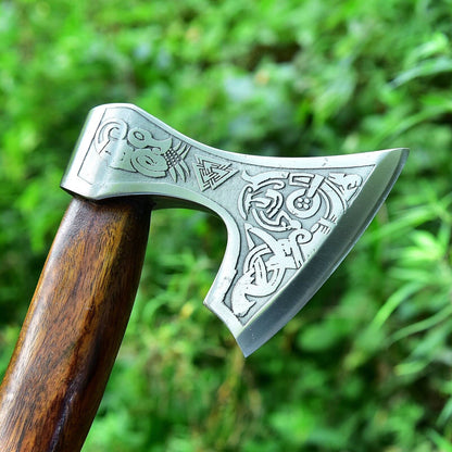 Custom Handmade Hand Engraved High Carbon Steel Viking Tomahawk Axe with Rosewood Handle by KBS Knives Store
