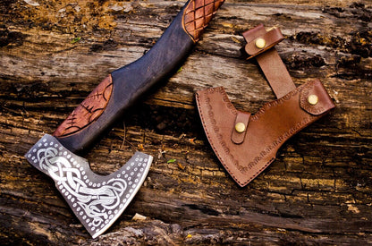 Handcrafted Battle Axe with Engraved 1095 Steel Blade and Hand Engraved Rosewood Handle – KBS Knives Store