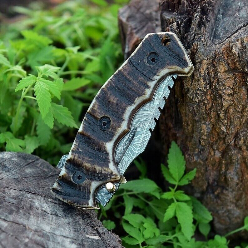 EDC Tracker Folding Pocket Knife - Handmade Damascus Steel